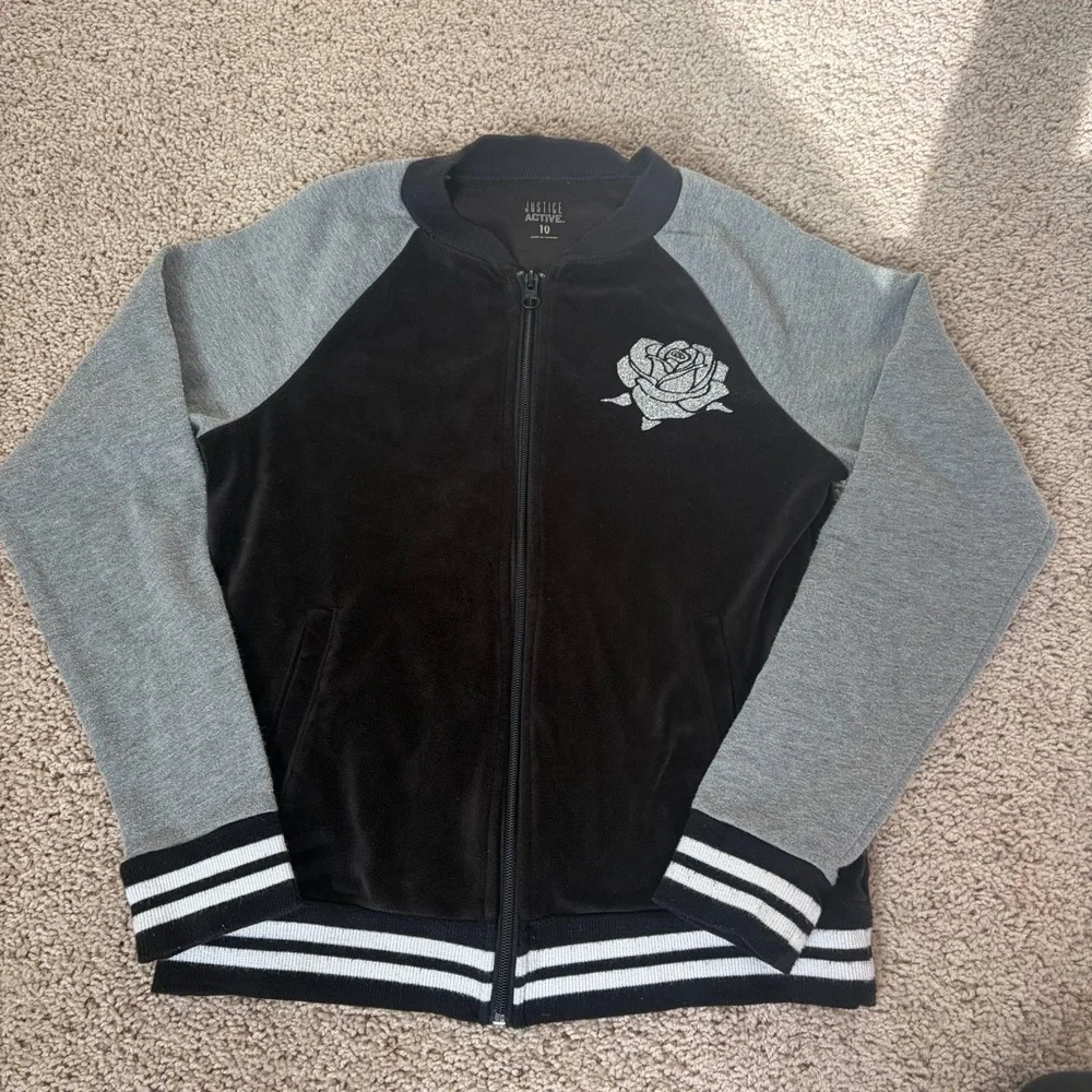 Justice Black and Gray Kids Zip up, Sweatshirt and Tshirt Bundle Size 10
